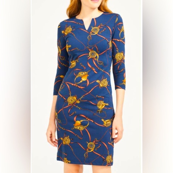 J. McLaughlin Carly 3/4 Sleeve Blue Equestrian Print Dress - Small EUC - Picture 1 of 8